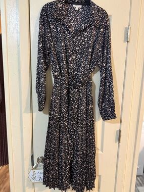 Pleated Black Floral Midi Dress